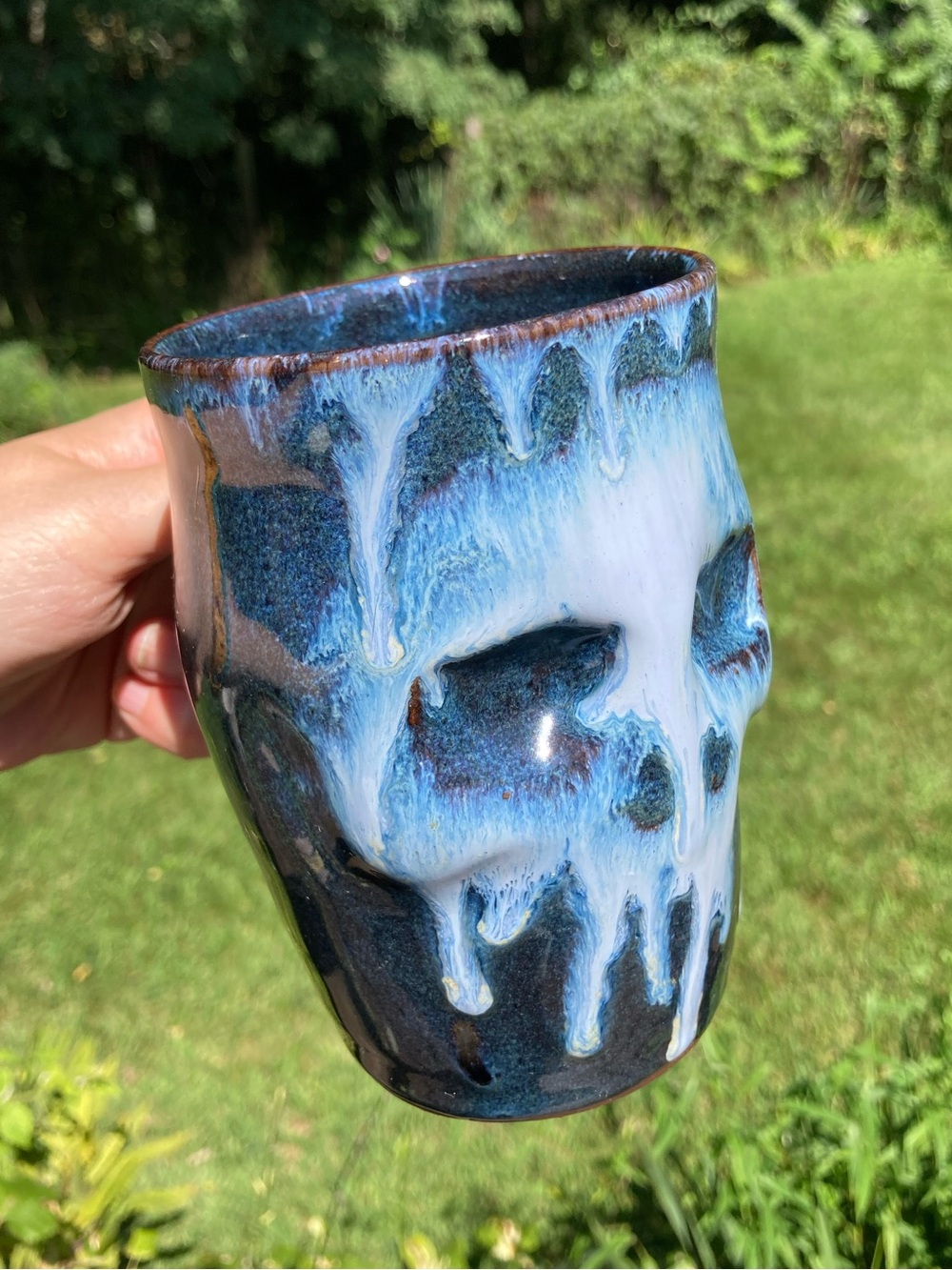 Handmade Paul Haigh Signed Skull Face Mug Studio Pottery Blue Drip Glaze NH